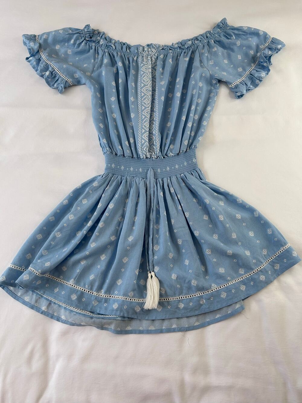 Mini Dress Women Medium Baby Doll Boho Hippie Cottage Core Blue White Smocked